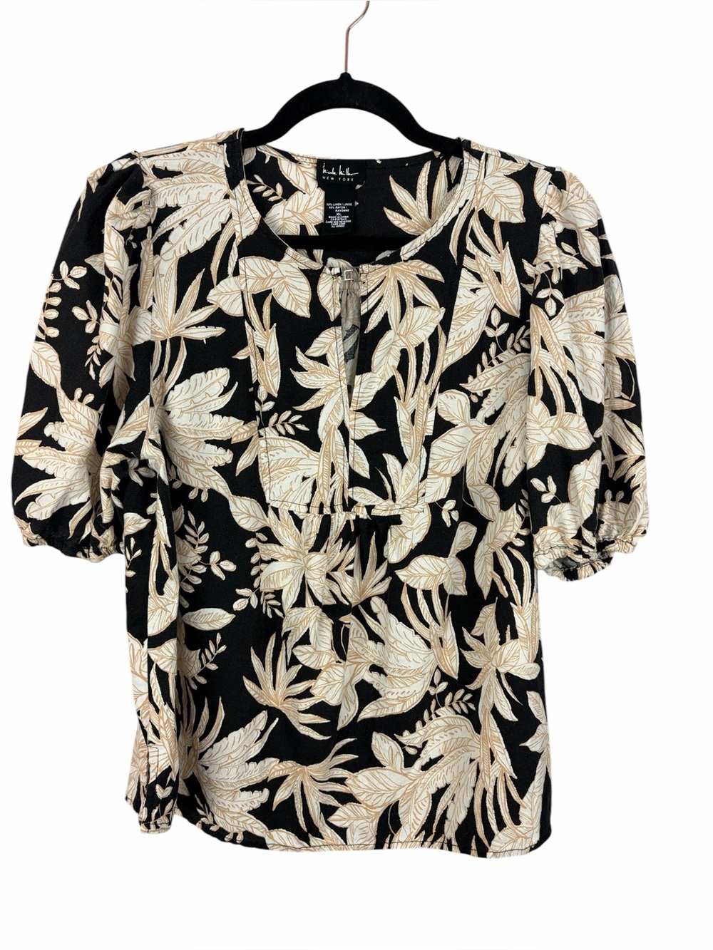 Nicole Miller Linen Blend Blouse XL Black Beige Tropical Leaf Print Resort Top